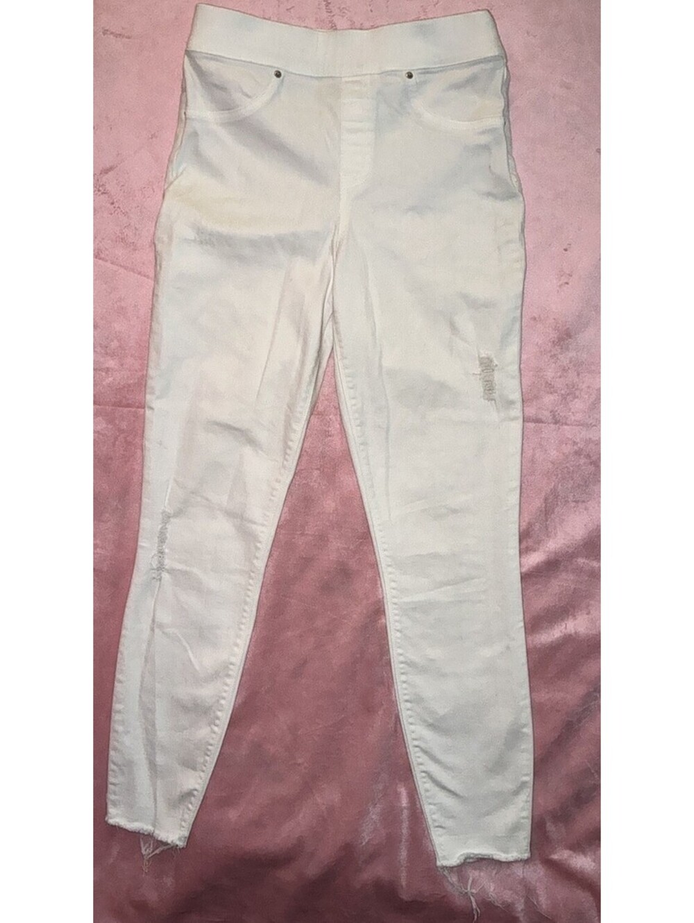 SPANX Jean Sz S/P White Distressed Raw Hem Pull-On Stretch EUC